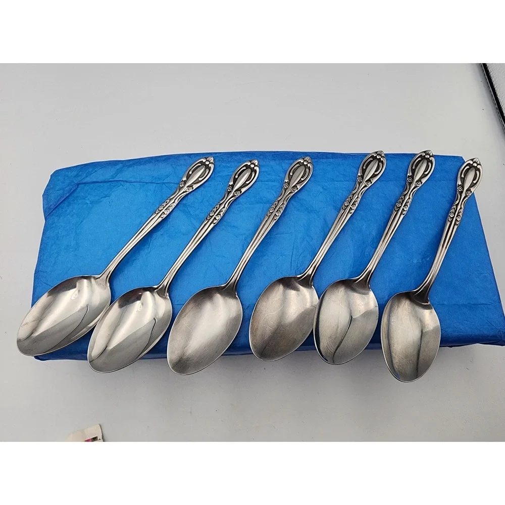 Vintage Japan‎ National Stainless Spoons Set of 6 Ornate Floral Scroll Pattern